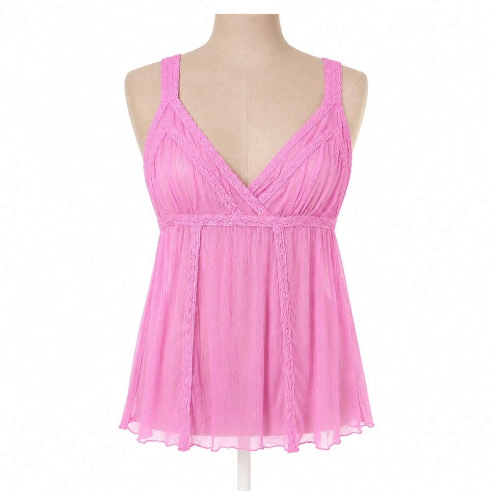 Vintage Y2K 100% Silk Sheer Babydoll Cami Top Size XS Pink Lace Trim Coquette